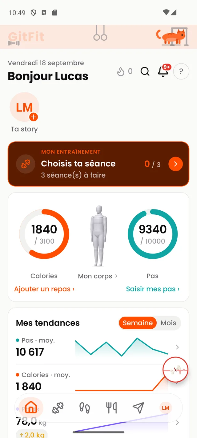 Accueil athlète GitFit — séance du jour, calories, pas, série et poids