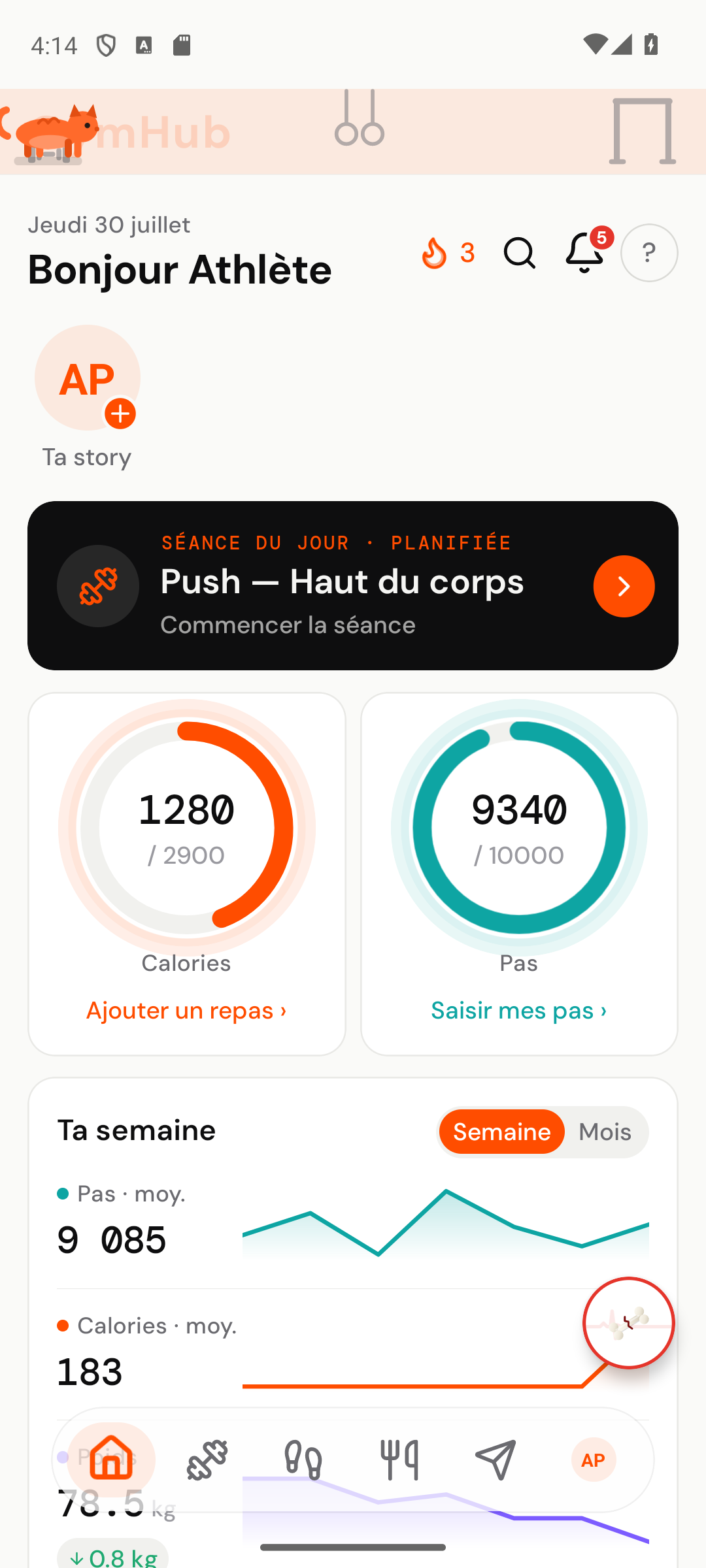 Accueil athlète GymHub — séance du jour, calories, pas, série et poids