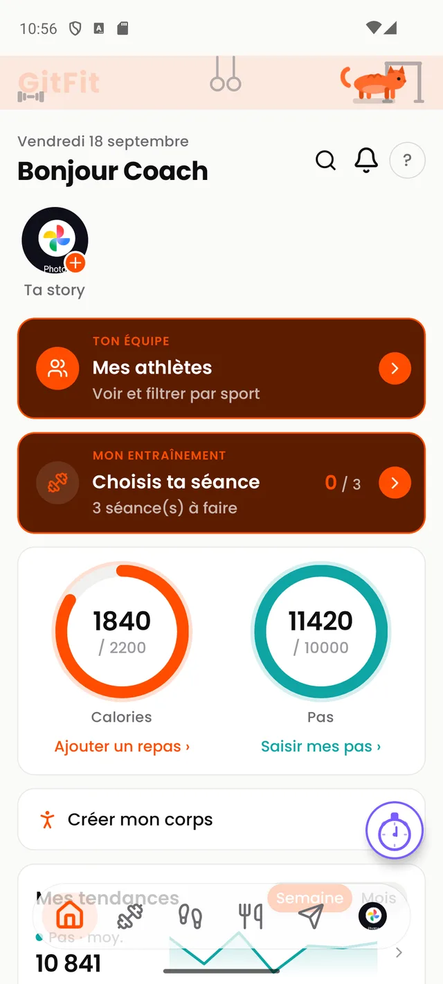 Accueil coach GitFit — Mes athlètes, calories, pas et bilan de la semaine