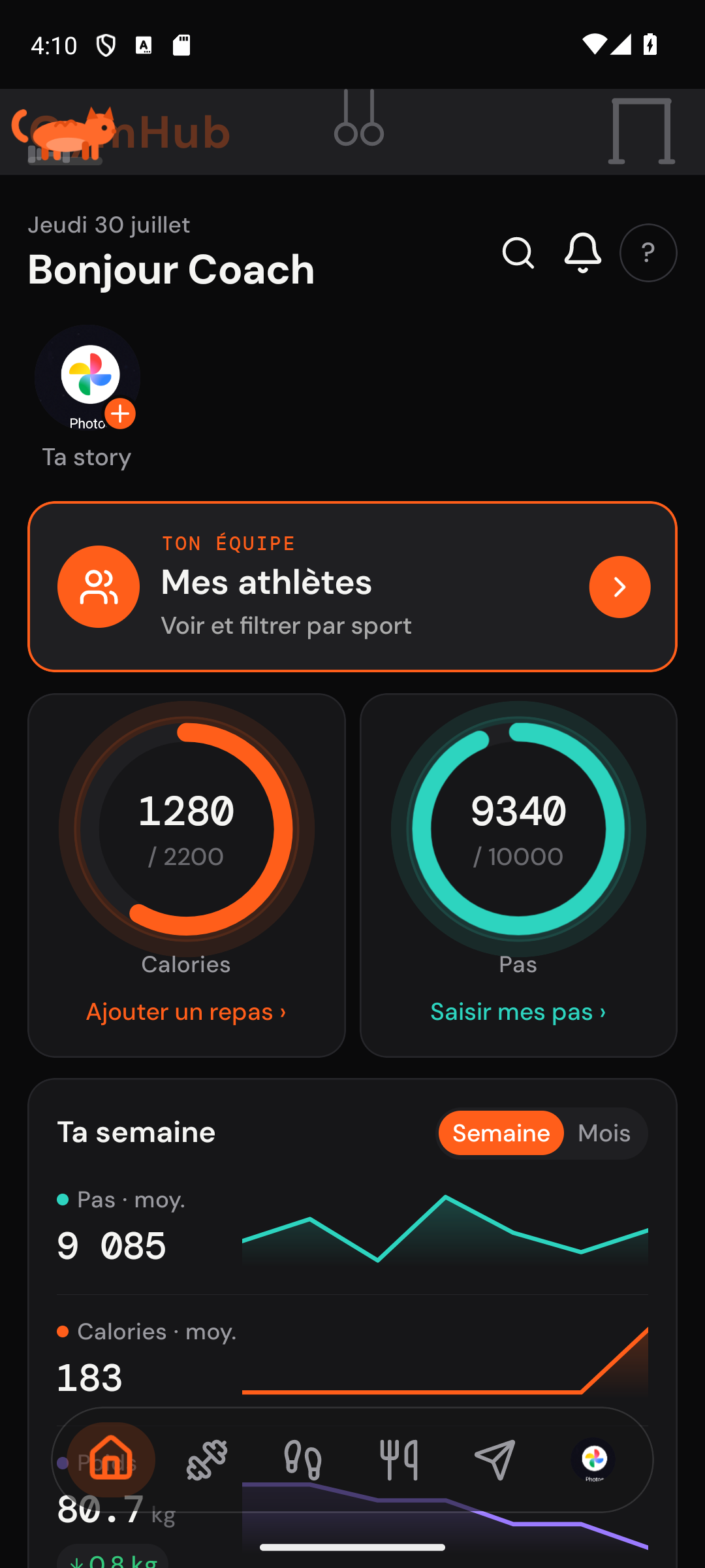 Accueil coach GymHub — Mes athlètes, calories, pas et bilan de la semaine